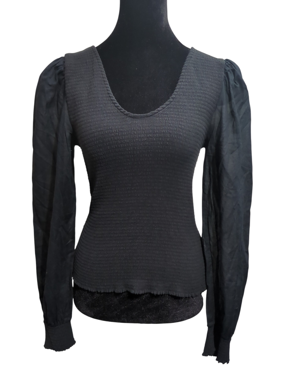 Nation LTD Aiden Smocked Black Puff Sleeve Blouse Medium Regencycore Balletcore